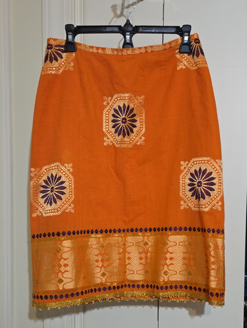 Vintage Helen Wang Orange And Purple Embroidered Pencil Skirt with Gold Trim